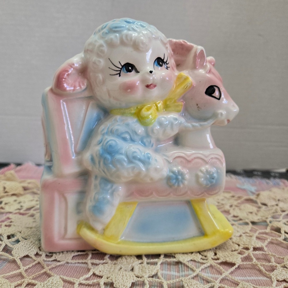 Vintage Lamb Rocking Horse‎ Planter Nursery ABC Blocks Pink Blue
